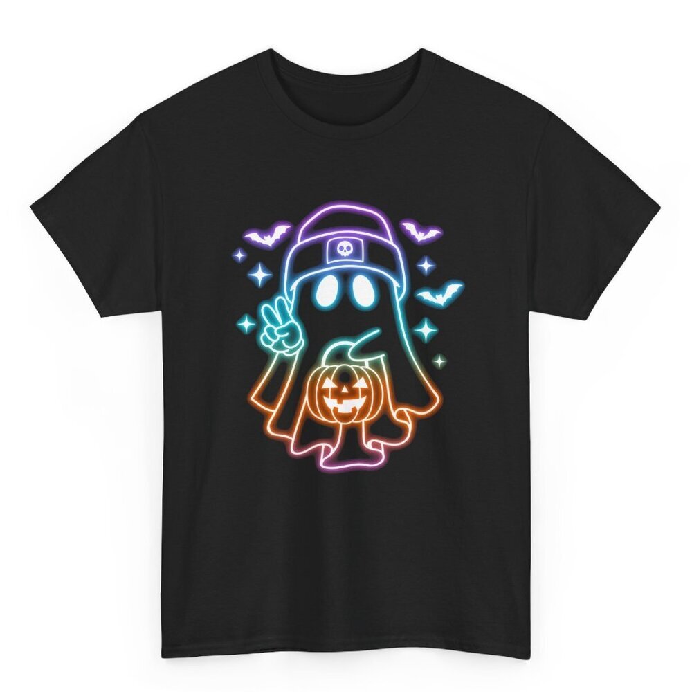 Cute Colorful Neon Spooky Ghost Halloween Boo Bow Graphic T-Shirt Costume Tee - Picture 1 of 5